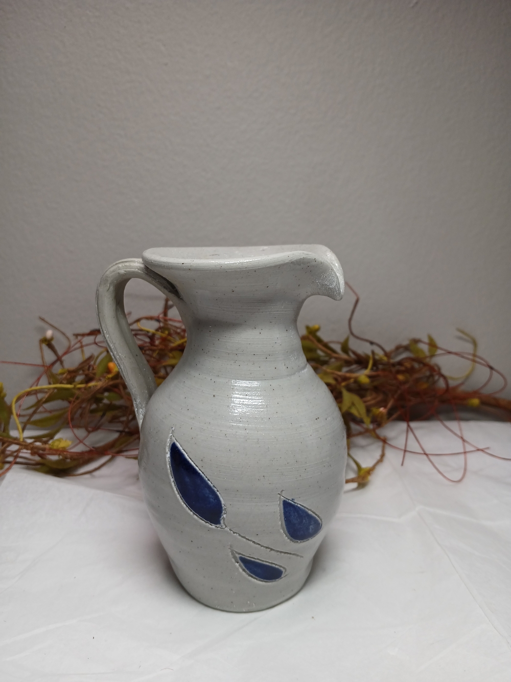 Williamsburg Pottery Grey Ceramic 5" Pitcher with Deep Blue Leaf Motifs